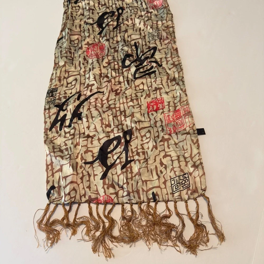 100% Silk Calligraphy Print Scarf Tan Brown Black Red Tassel Fringe Rectangular